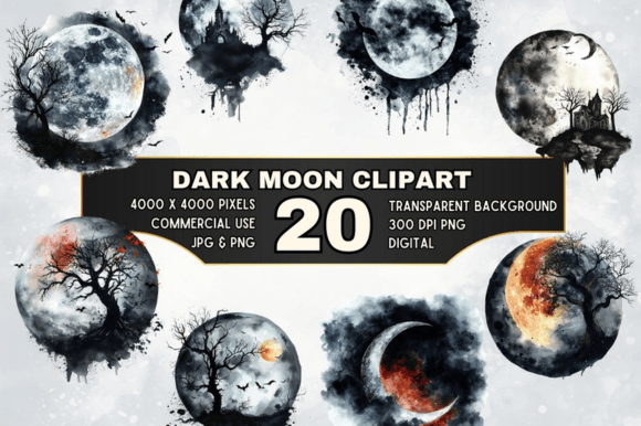 20 Gothic Fantasy Dark Moon Clipart Set