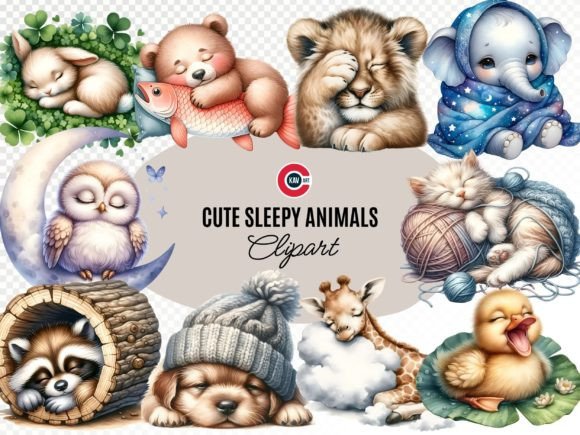 Creating Serene Visuals with Cute Sleepy Animals Watercolor Clipart