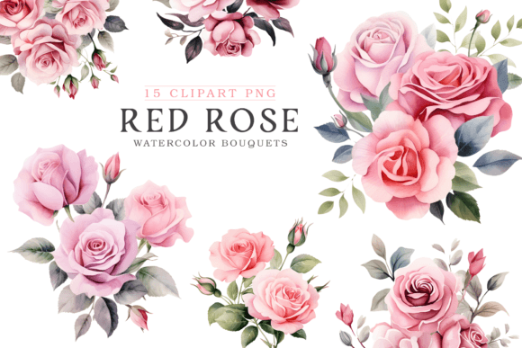 Elevating Digital and Print Designs with Watercolor Roses Bouquets Clipart PNG