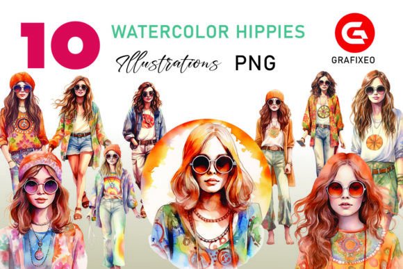 Hippie Girls 60s Watercolor Illustration