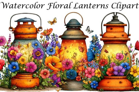 Watercolor Floral Lanterns Clipart