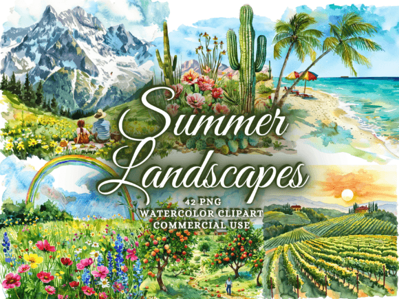 Watercolor Summer Landscapes Clipart Png: Elevating Digital Design with High-Resolution Nature Art
